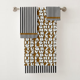 Kids Alphabet Black Brown Streifen Badhandtuch Set