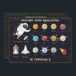 Kids Astronaut Solar System Monogram 5th Birthday Einladung<br><div class="desc">Eine inspirierende und farbenfrohe Weltraum-thematische Kindergeburtstag-Party Einladung für den aufstrebenden Astronauten mit einer Faszination für Planeten, Sonnensystem, Raketenschiffe und alles, was es draußen im Universum gibt. Einfach alle Typografie-Details anpassen, um Ihren Gästen alle Informationen zu Ihrer lustigen Veranstaltung zu geben. Zusätzliche Party-Produkte und Schreibwaren sind in diesem Design verfügbar, um...</div>
