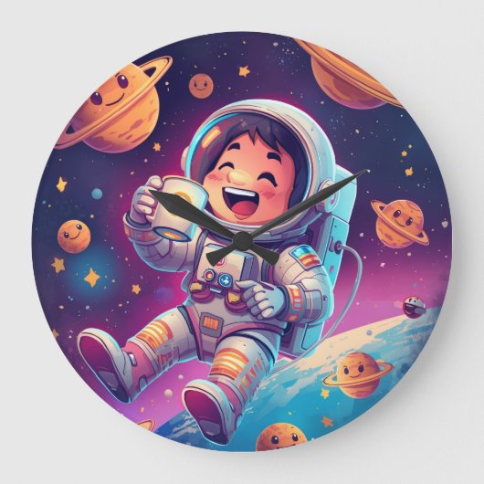 Kids Astronaut Wall Clock – Space Adventure Time Große Wanduhr (Vorderseite)