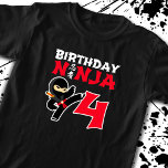 Kids Birthday Ninja - 4 Year Old Party Theme T-Shirt<br><div class="desc">This Birthday Ninja 4 design makes hat perfekte gift for a 4 year old ninja birthday party. It feature the Japanese symbol für Ninjutsu with a cartoon ninja doing a karate kick that the birthday boy or girl will love. This ninja birthday design for boys and girls is hat perfekt...</div>