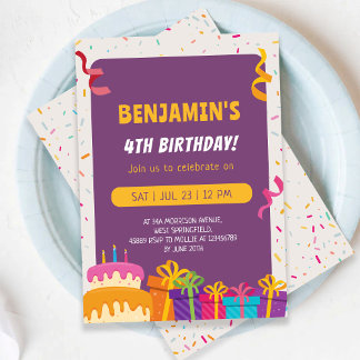 Kids Birthday Party Cake And Gifts Design Birthday Einladung