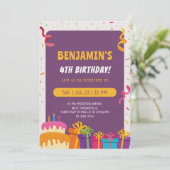 Kids Birthday Party Cake And Gifts Design Birthday Einladung (Stehend Vorderseite)