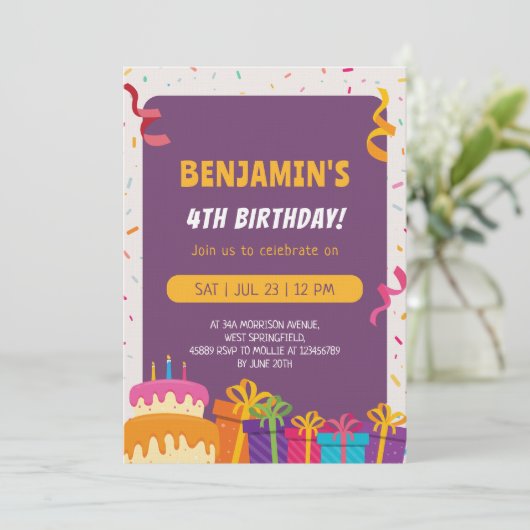 Kids Birthday Party Cake And Gifts Design Birthday Einladung (Stehend Vorderseite)