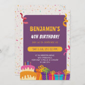 Kids Birthday Party Cake And Gifts Design Birthday Einladung (Vorne/Hinten)