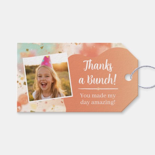 Kids Birthday Photo Thanks a Bunch Pastel Confetti Geschenkanhänger (Vorderseite (Horizontal))