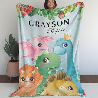 Kid's Blanket mit Dinosauriern + Tropische Blätter Fleecedecke