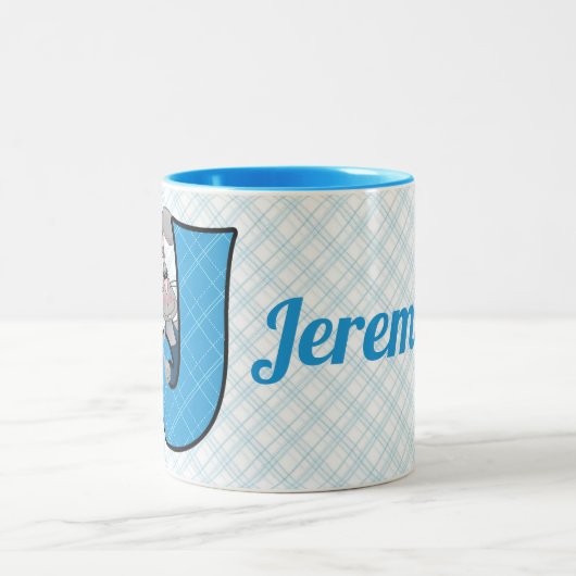 Kids Blue Jackrabbit Monogram Letter J and Name Zweifarbige Tasse (Mittel)