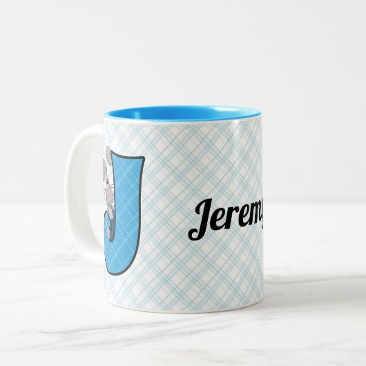 Kid's Blue Jackrabbit Monogram Letter J mit Name Zweifarbige Tasse (Vorderseite Links)
