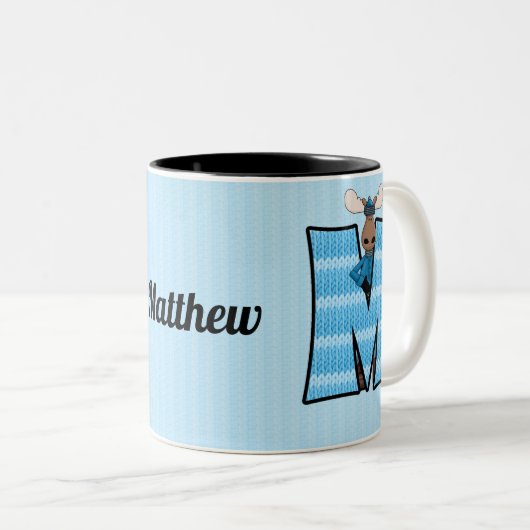 Kid's Blue Moose Monogram Letter M with Name Zweifarbige Tasse (VorderseiteRechts)
