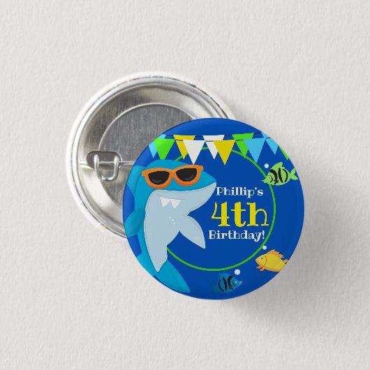 Kids Blue Shark Fintastic Birthday Button (Vorne & Hinten)