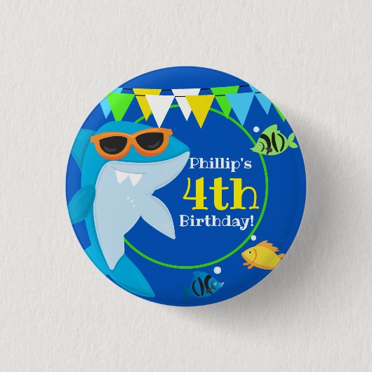Kids Blue Shark Fintastic Birthday Button (Vorderseite)