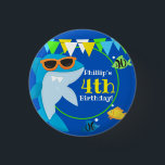 Kids Blue Shark Fintastic Birthday Button<br><div class="desc">Feiern Sie Ihren kleinen Hai zum Geburtstag! Dieses hübsche Blau mit Sonnenbrillen ist ein Hit für Ihr Party. Sämtliche Texte können auf der Einladung angepasst werden. Blasen und Fische sorgen für unterhaltsame Details. Ideal für alle Untersee-Party oder Hai-Party. Grafik nach PrettyGrafik.</div>