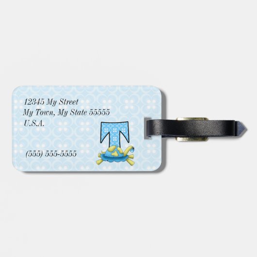 Kids Blue Turtle Monogram T Gepäckanhänger (Rückseite horizontal)