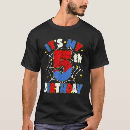Kids Boys It s My 5th Birthday Spider Theme Party T-Shirt (Vorderseite)
