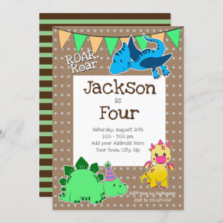 Kids Brown Dinosaurier 4. Geburtstags-Party Einladung