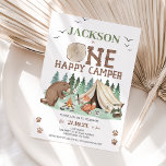 Kids Brown Green One Happy Camper 1. Geburtstag Einladung<br><div class="desc">Kids Brown Green One Happy Camper 1. Geburtstag Einladung Camping zum ersten Geburtstag Einladung für den kleinen Jungen mit einem braunen Bär und Fuchs,  Lagerfeuer und Zelt und etwas holzartem Text. Ideal für ein Camping zum ersten Geburtstag.</div>