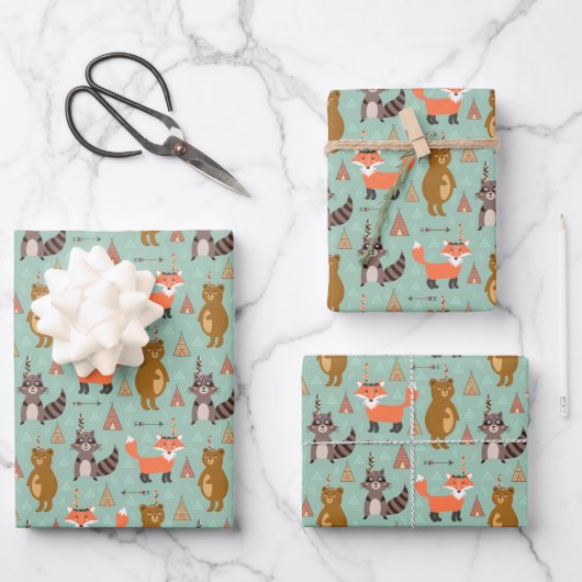 Kids Camping Außenbereich Raccoon Fox Brown Bear Geschenkpapier Set (Vorderseite)