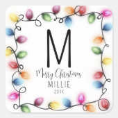 Kids Christmas Lights Monogram Quadratischer Aufkleber (Vorderseite)