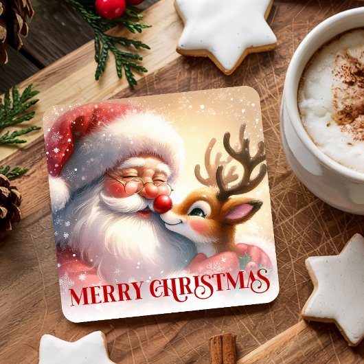 Kids Christmas Paper Coasters Santa Claus Rudolph Rechteckiger Pappuntersetzer
