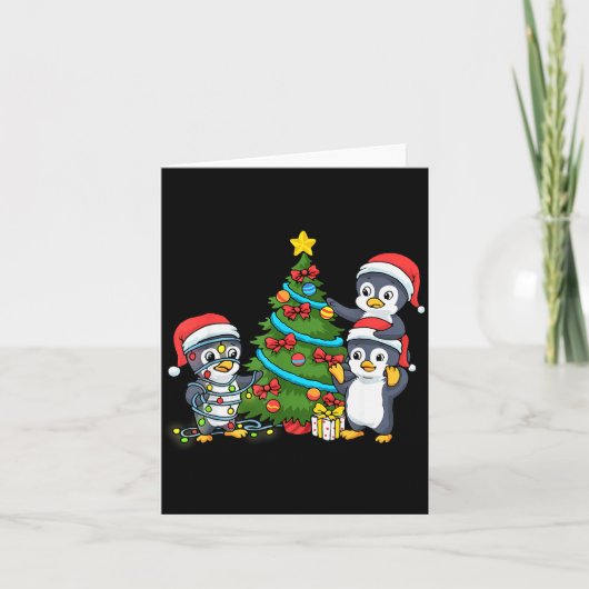 Kids Christmas Penguin Christmas Tree Lights Baubl Karte (Vorderseite)
