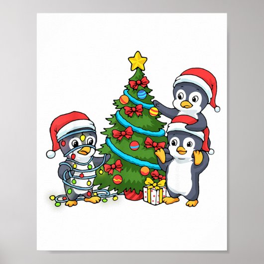 Kids Christmas Penguin Christmas Tree Lights Baubl Poster (Vorne)
