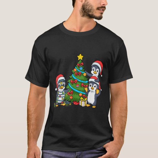 Kids Christmas Penguin Christmas Tree Lights Baubl T-Shirt (Vorderseite)