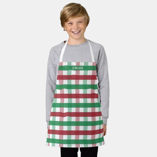 Kids Christmas Red Green Karierter Personalisierte Schürze (Getragen)