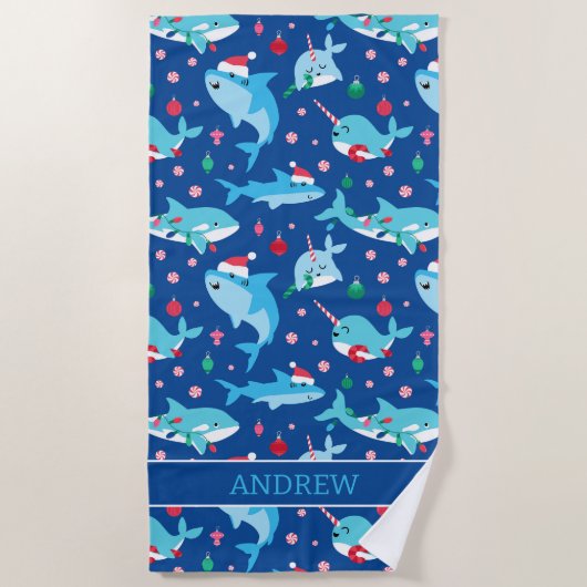 Kids Christmas Shark Narwhal Personalisiert Strandtuch (Vorderseite)