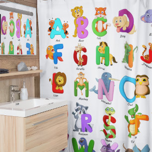 Kids Colorful Funny Animal Alphabet White Duschvorhang