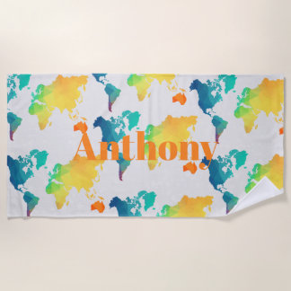 Kids Colorful World Map Custom Name Monogram Strandtuch