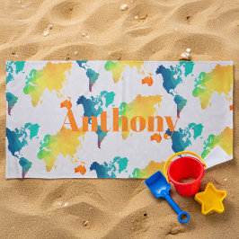 Kids Colorful World Map Custom Name Monogram Strandtuch