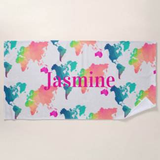 Kids Colorful World Map Personalized Name Monogram Strandtuch