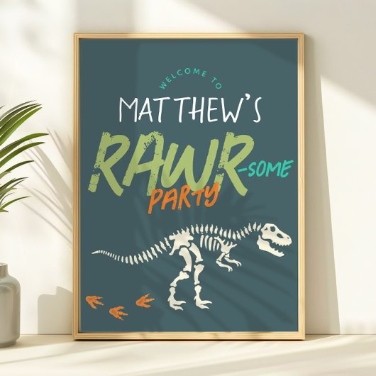 Kids Cool Dinosaur Dig Boys Birthday Welcome Sign Poster