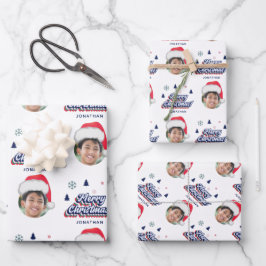 Kid's Custom Foto & Name Weihnachtsmannmütze Retro Geschenkpapier Set