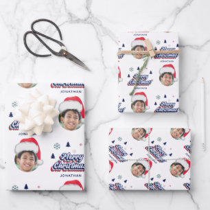 Kid's Custom Foto & Name Weihnachtsmannmütze Retro Geschenkpapier Set