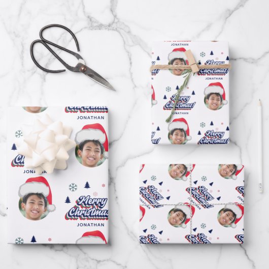 Kid's Custom Foto & Name Weihnachtsmannmütze Retro Geschenkpapier Set (Vorderseite)