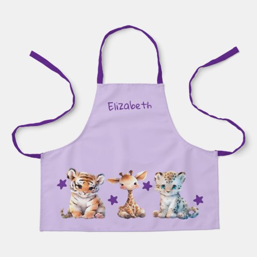 Kid's cute animals stars add name purple schürze (Vorderseite)