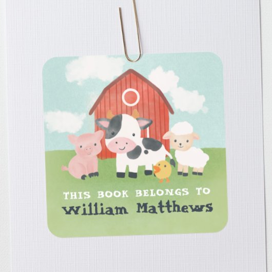 Kids Cute Farm Animal School Library Bookplate Quadratischer Aufkleber