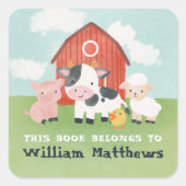 Kids Cute Farm Animal School Library Bookplate Quadratischer Aufkleber (Vorderseite)