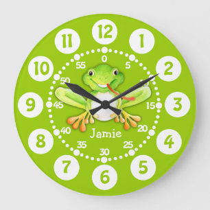 Kids cute frog green wall clock große wanduhr