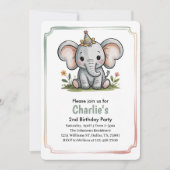 Kids Cute Green Elephant 2nd Birthday Party Einladung (Vorderseite)