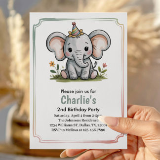 Kids Cute Green Elephant 2nd Birthday Party Einladung