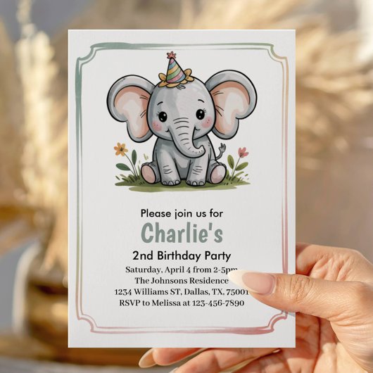 Kids Cute Green Elephant 2nd Birthday Party Einladung