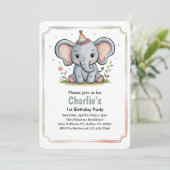 Kids Cute Green Elephant Birthday Party Einladung (Stehend Vorderseite)