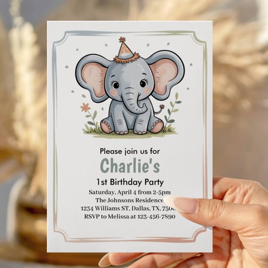 Kids Cute Green Elephant Birthday Party Einladung