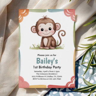 Kids Cute Monkey Jungle Birthday Party Einladung