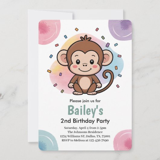 Kids Cute Monkey Jungle Birthday Party Einladung (Vorderseite)