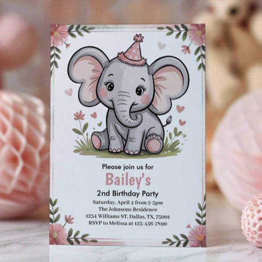 Kids Cute Pink Elephant 2nd Birthday Party Einladung