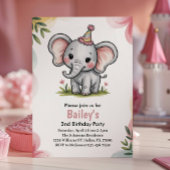 Kids Cute Pink Elephant 2nd Birthday Party Einladung