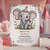 Kids Cute Pink Elephant 2nd Birthday Party Einladung